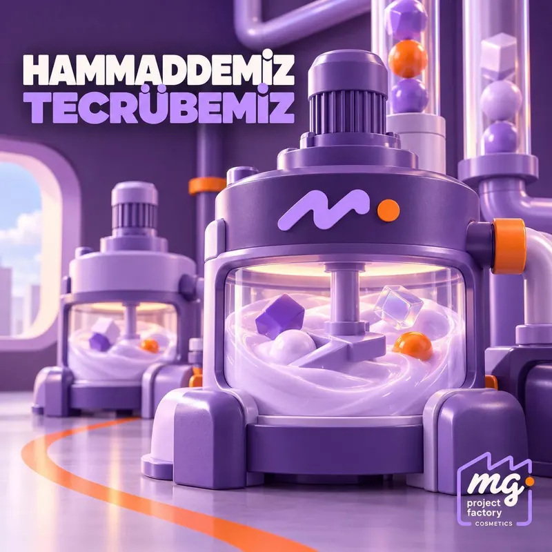 HAMMADDEMİZ TECRÜBEMİZ yazılı, mor mikserlerde karışan krem ve şekiller