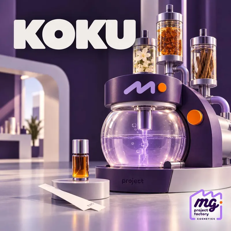 KOKU yazılı, çiçek, amber ve odun esanslarının damıtıldığı 3D koku makinesi
