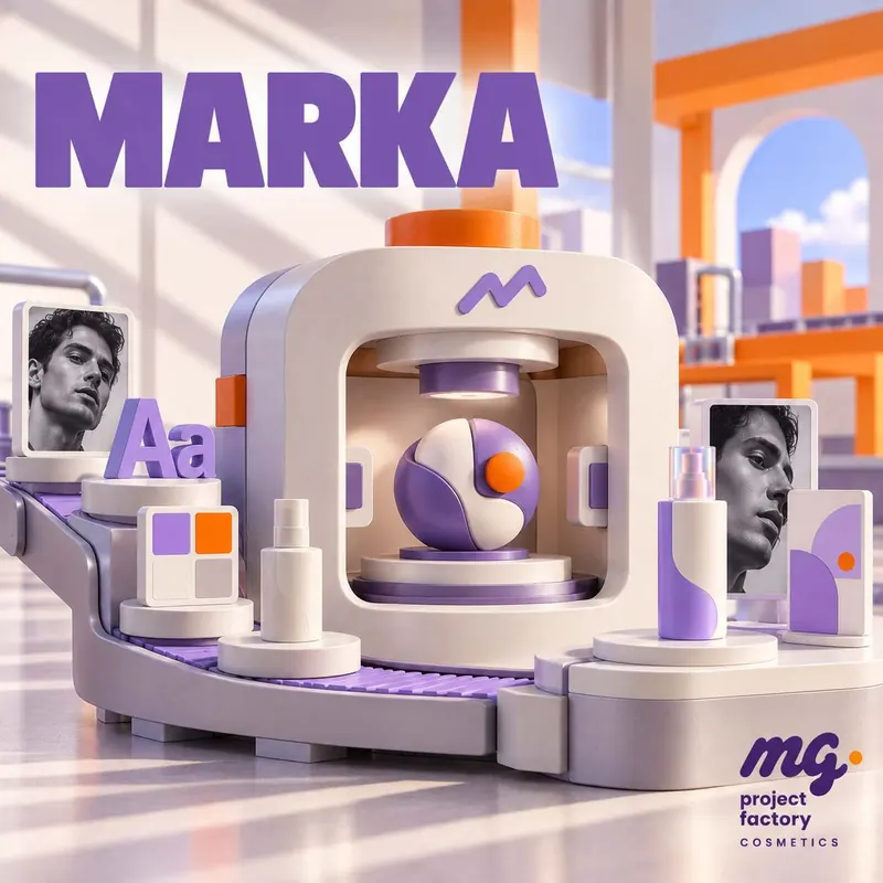 MARKA yazılı, marka kimliği öğelerinin taşındığı 3D üretim hattı