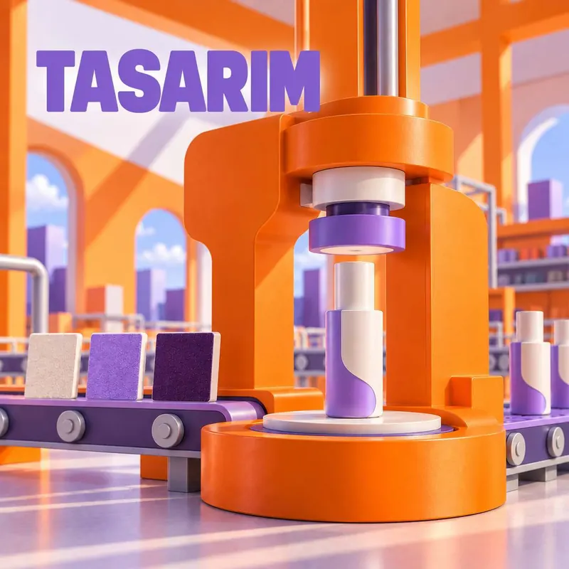 TASARIM yazılı, ambalaj presi ve doku örneklerinin bulunduğu turuncu 3D üretim hattı