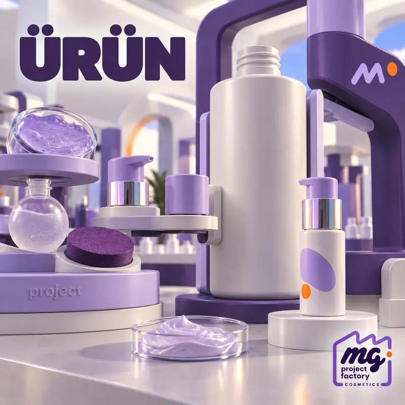 ÜRÜN yazılı, şişe, pompa ve krem dokularının bulunduğu 3D laboratuvar sahnesi